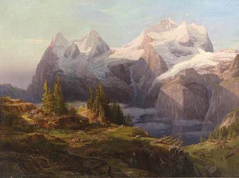 Pohled na Bernskou vysočinu s Mönchem, Eigerem a Jungfrau, v popředí obrazné štáby
